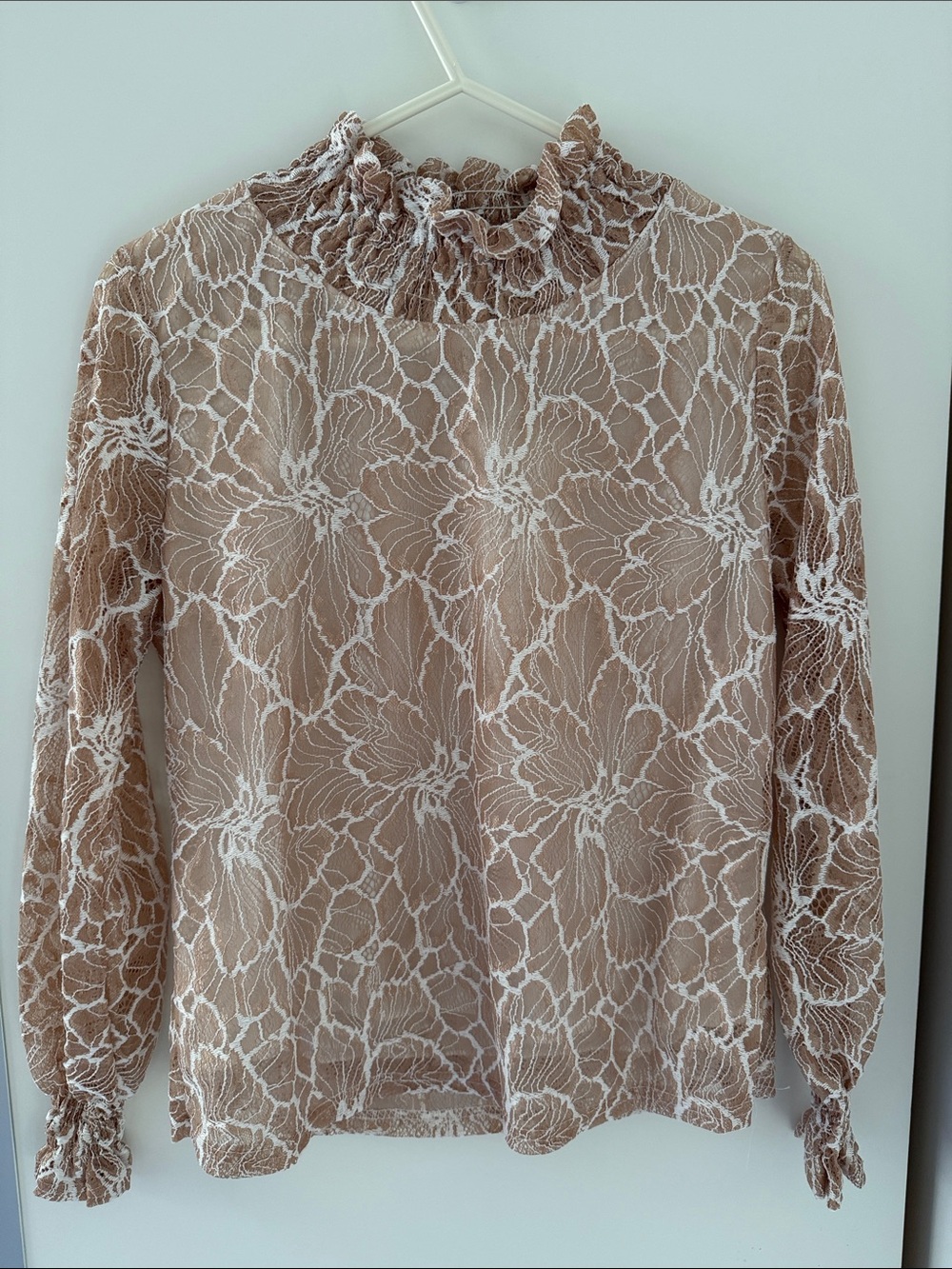 Neutral Lace Mock Neck Blouse - Women Tops